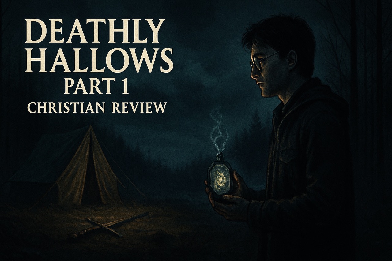 Harry holding glowing Horcrux in forest with tent behind him – symbolic Christian imagery from Deathly Hallows Part 1