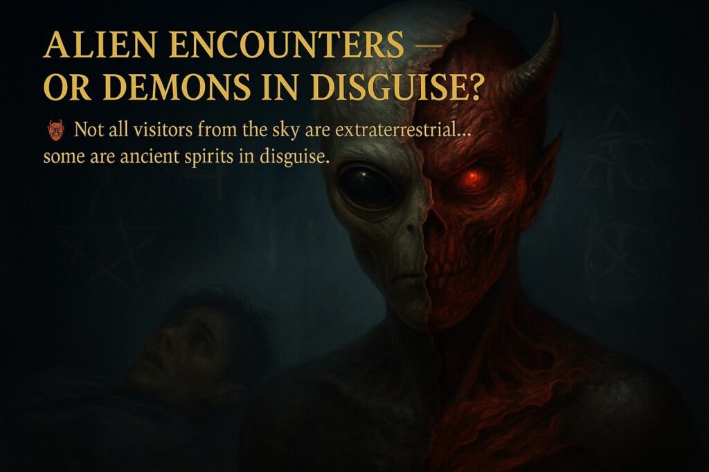 “Digital painting of a grey alien figure whose outer skin peels away to reveal a demonic form underneath, symbolizing deceptive spirits masquerading as extraterrestrials in abduction encounters.”