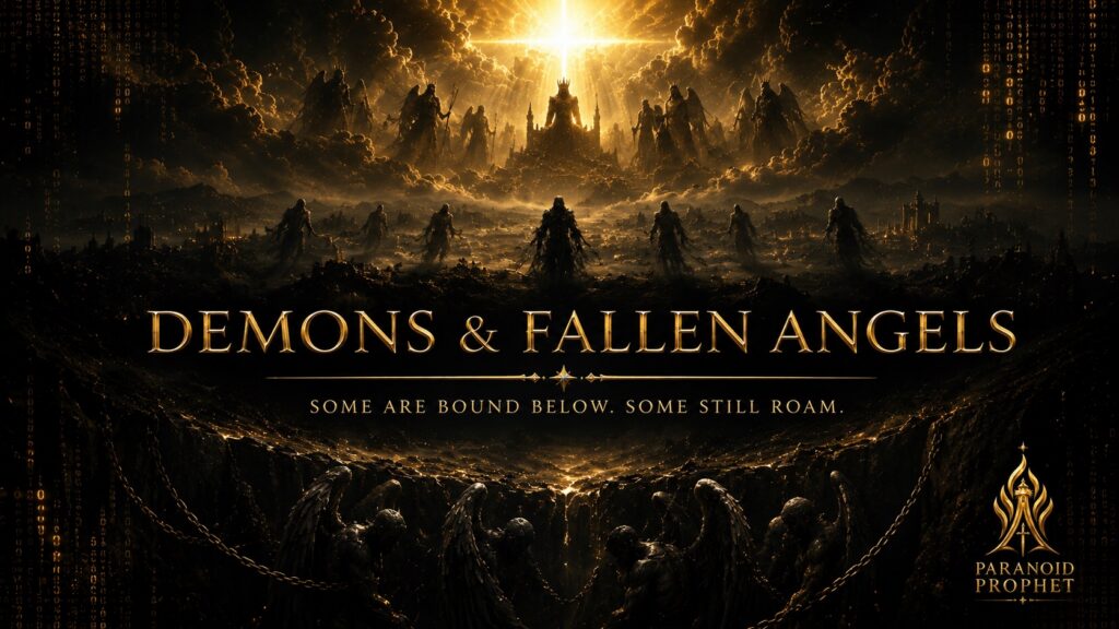 Featured image for Demons and Fallen Angels showing chained fallen angels bound below, shadowy spirits roaming the earth, and dark powers above under the warning Some Are Bound Below. Some Still Roam.