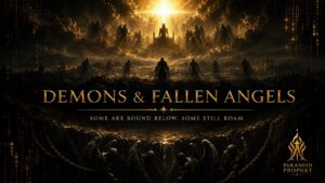 Featured image for Demons and Fallen Angels showing chained fallen angels bound below, shadowy spirits roaming the earth, and dark powers above under the warning Some Are Bound Below. Some Still Roam.