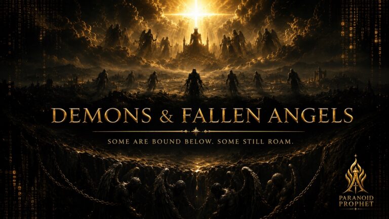 Featured image for Demons and Fallen Angels showing chained fallen angels bound below, shadowy spirits roaming the earth, and dark powers above under the warning Some Are Bound Below. Some Still Roam.