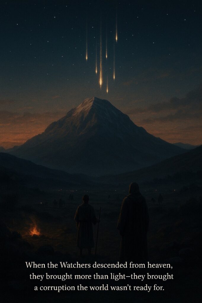 Mount Hermon beneath twilight sky as the Watchers descend — the moment before they taught forbidden knowledge to mankind.