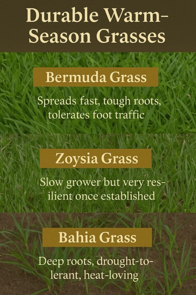 “Infographic showing three durable warm-season grasses for chicken yards: Bermuda, Zoysia, and Bahia grass, with descriptions of their benefits.”
