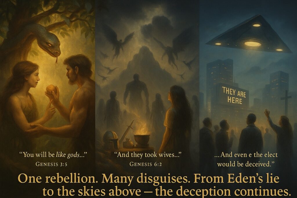“Triptych digital painting showing a timeline from Eden’s fall to the descent of the Watchers in Genesis 6 to modern alien deception, illustrating the continuous spiritual rebellion from the serpent to end-times false signs.”