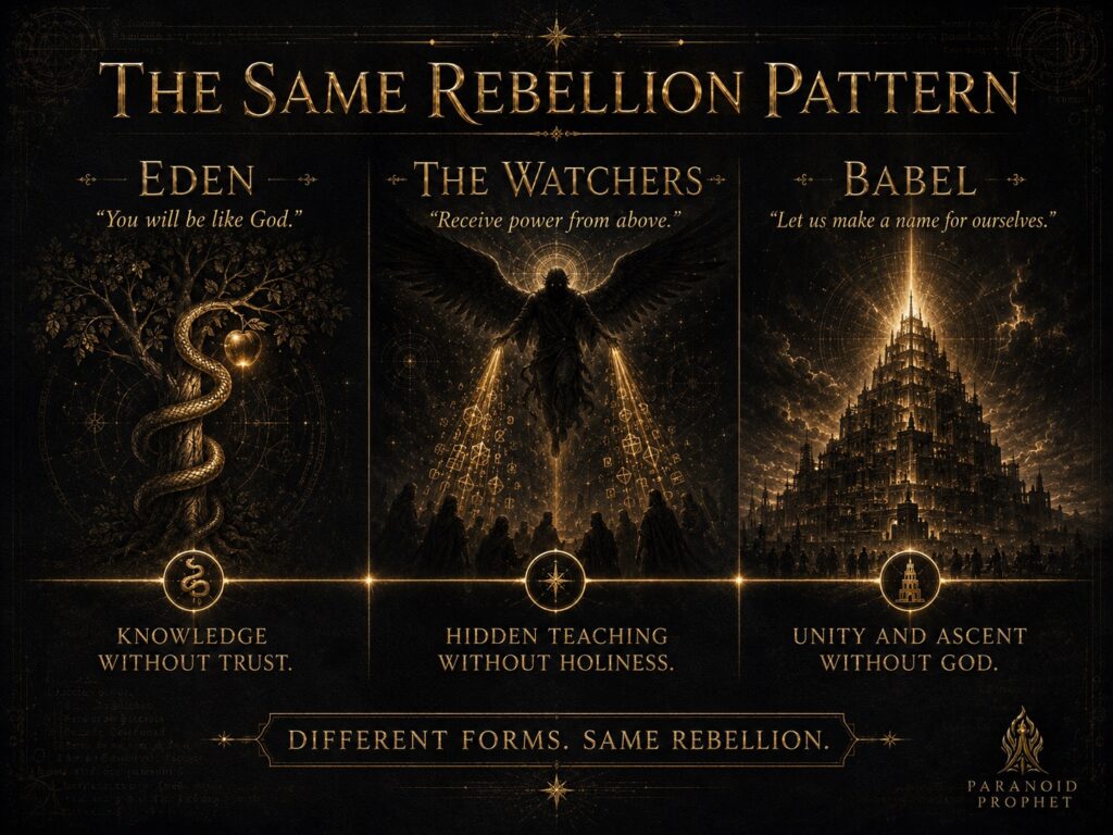 Thematic comparison of Eden, the Watcher tradition, and Babel as distinct stories sharing the temptation of elevation apart from God