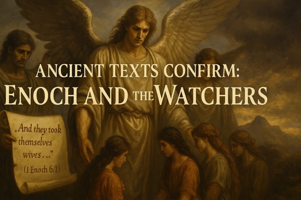 Angel Watchers stand over kneeling women in a dark, ancient setting, holding a scroll quoting 1 Enoch 6:1. Gold serif text reads: ‘Ancient Texts Confirm: Enoch and the Watchers.’