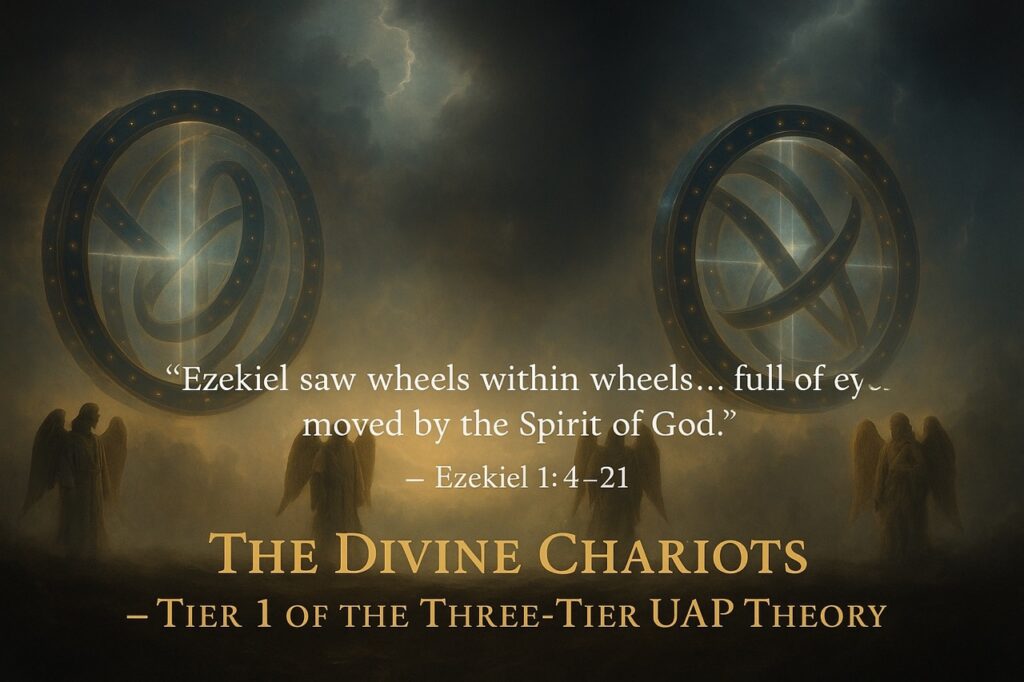 “Sacred depiction of Ezekiel’s wheels within wheels, filled with eyes and glowing with divine light, surrounded by angelic beings — representing the holy chariots of heaven in the Tier 1 UAP category.”
