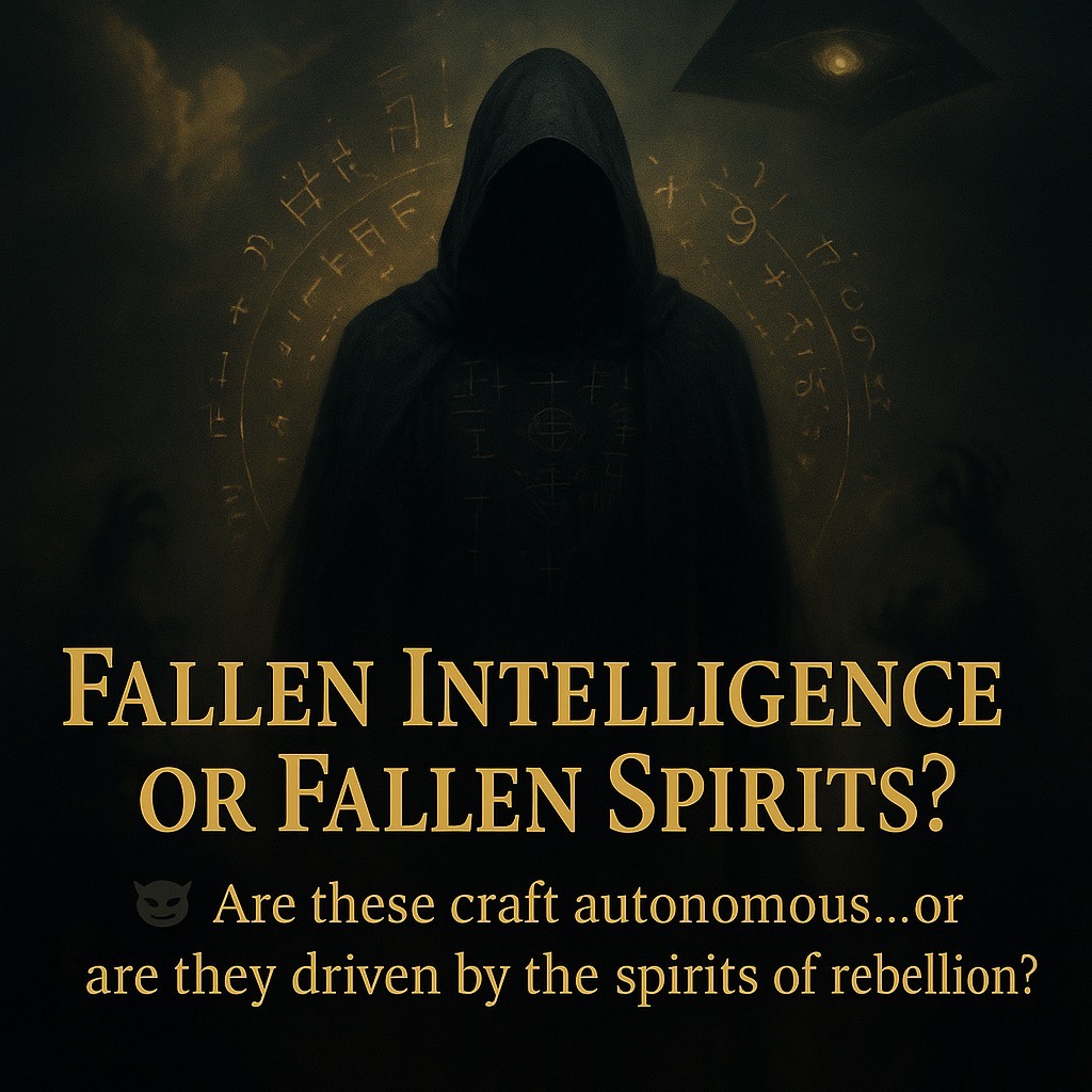 “Dark fantasy-style digital painting of a cloaked, partially technological figure surrounded by glowing spiritual glyphs and digital code, caught between angelic light and demonic shadow — exploring whether UAPs are fallen spirits or artificially animated intelligence.”