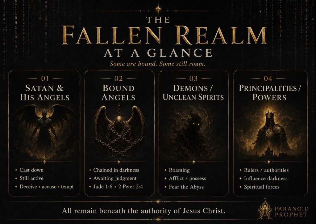 Biblical overview distinguishing Satan and his angels, restrained angels, active demons and unclean spirits, and rulers and authorities, all beneath Jesus Christ