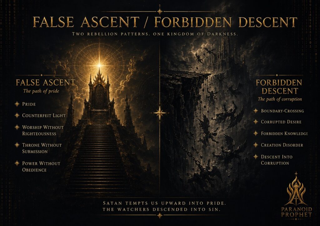 False ascent versus forbidden descent, contrasting Satanic pride, counterfeit light, and rule without obedience with Watcher boundary crossing, corrupted desire, forbidden knowledge, and creation disorder