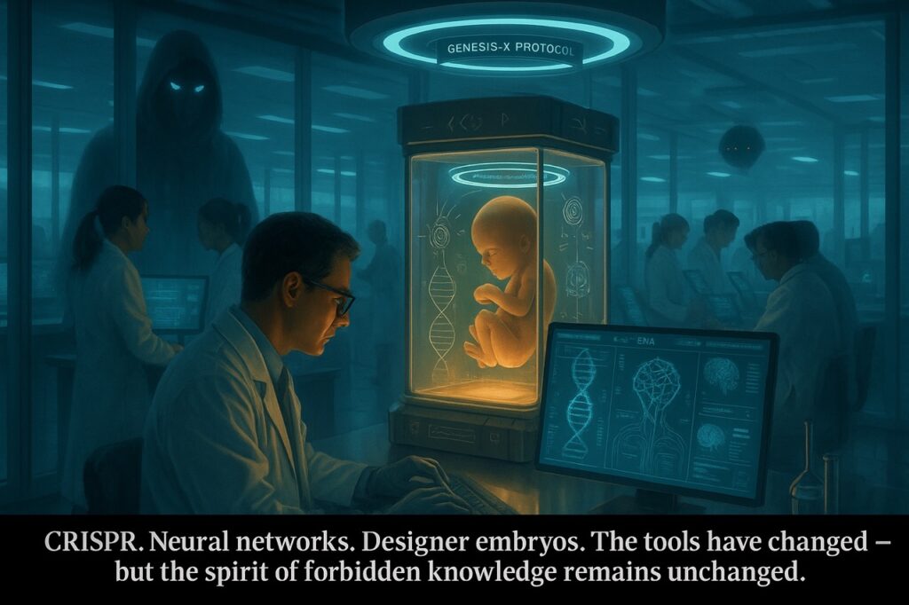 Scientists in a biotech lab develop genetic and AI technologies as a hidden Watcher observes — a modern revival of ancient forbidden knowledge.