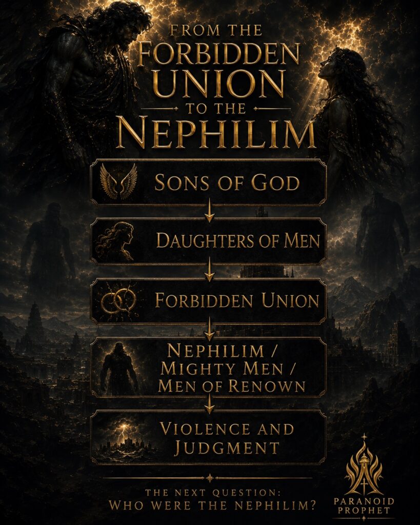 Genesis 6 progression from the sons of God and daughters of men to the forbidden union and the Nephilim notice