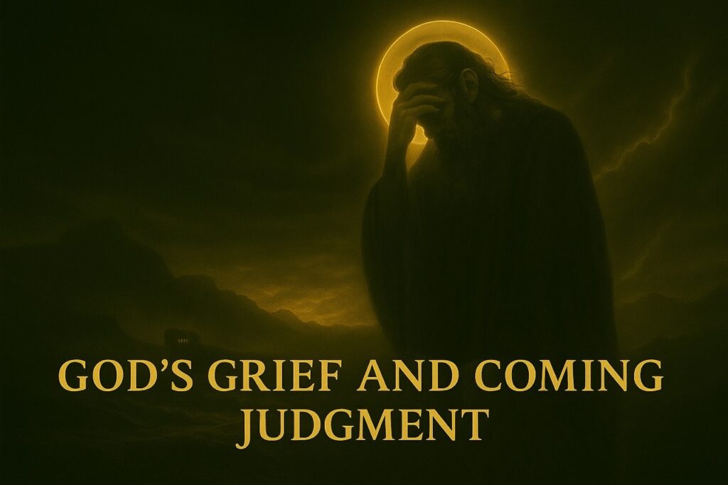 A divine figure stands in sorrow above a darkened pre-Flood world. Storm clouds gather, and a single ark glows in the distance, symbolizing God's grief and mercy in Genesis 6:6.