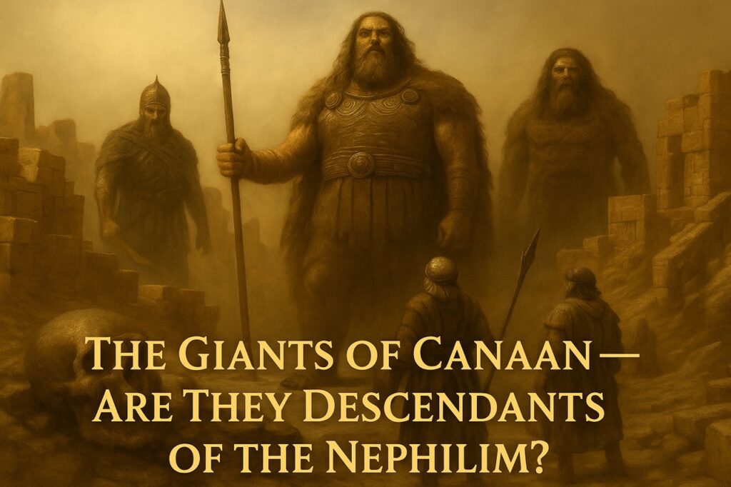 Sepia-tone oil painting of towering Anakim giants overlooking ancient Canaanite ruins. Israelite scouts stand below, dwarfed by their immense size and armor.