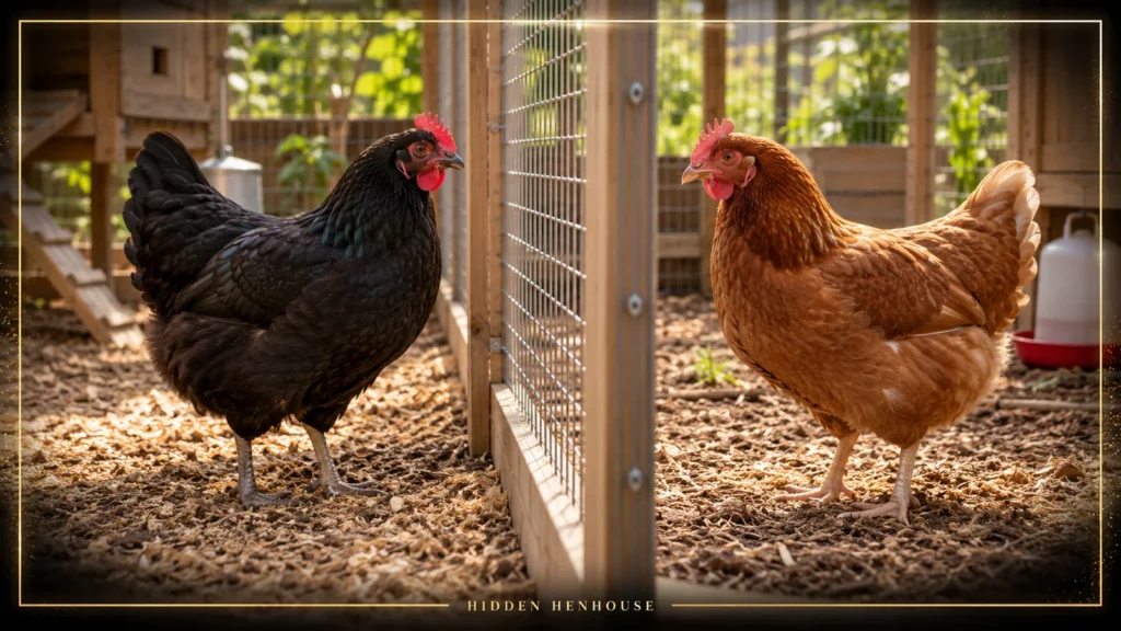 A black hen and a brown hen stand calmly on opposite sides of a secure divider in a sheltered chicken run.