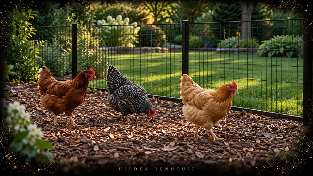 Three hens on a wood-chip area beside a fenced, protected patch of green backyard grass.