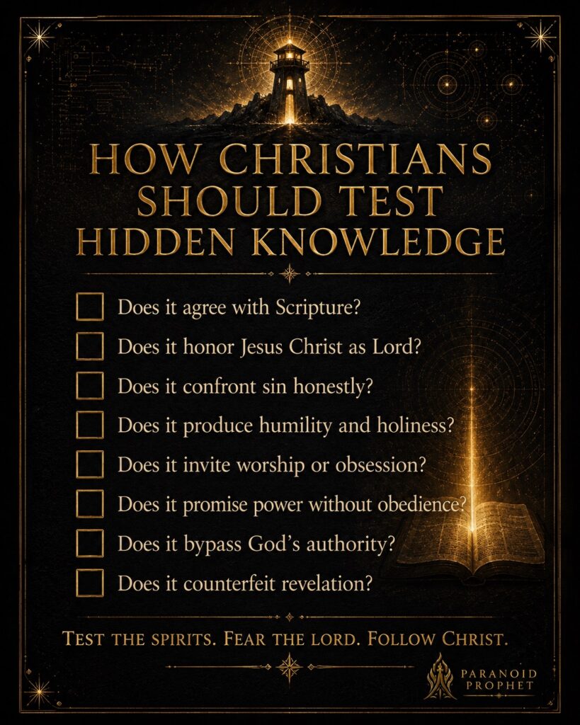 Christian discernment checklist for testing hidden knowledge by Scripture, the lordship of Christ, spiritual fruit, obedience, and the gospel