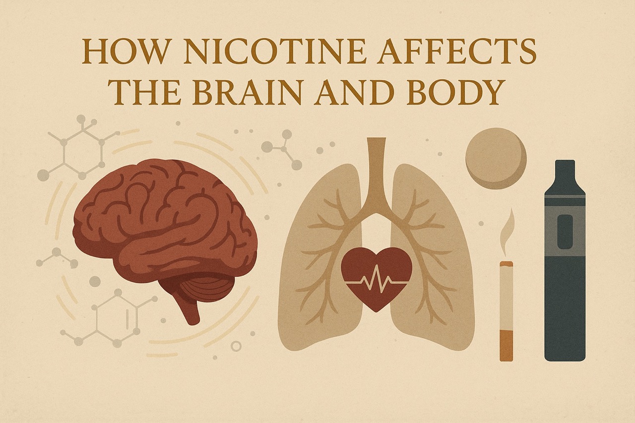 Illustration showing how nicotine affects the brain, lungs, heart, and body with muted tones and symbolic visuals