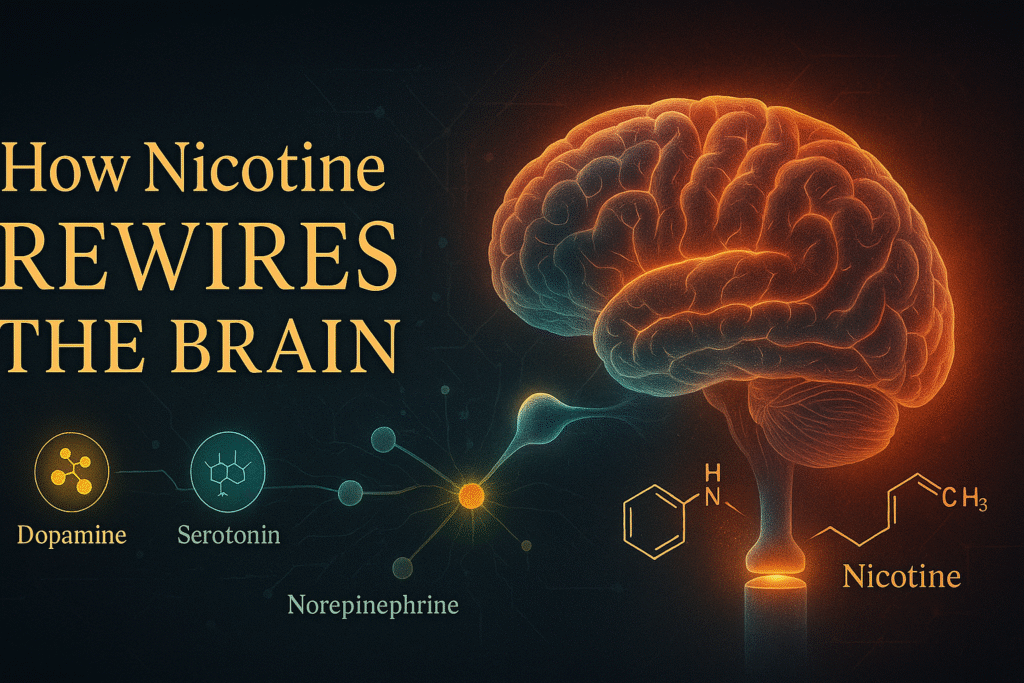 Digital illustration of a glowing brain showing how nicotine rewires neurotransmitters like dopamine, serotonin, and norepinephrine with labeled molecule icons