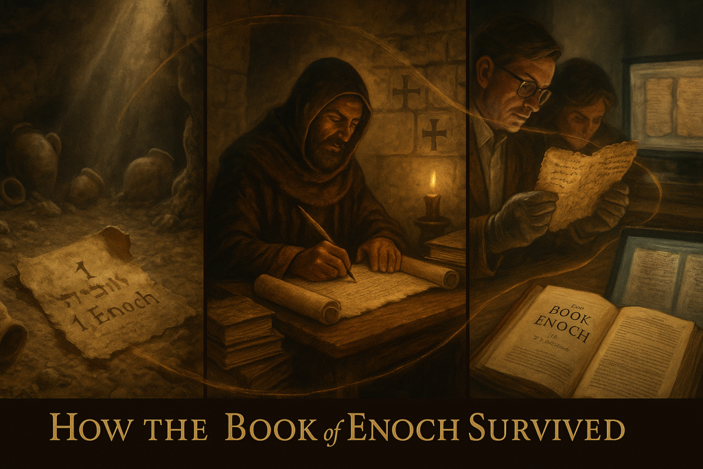 Triptych showing the preservation of the Book of Enoch across history — from Dead Sea Scrolls to Ethiopian monks to modern scholars.