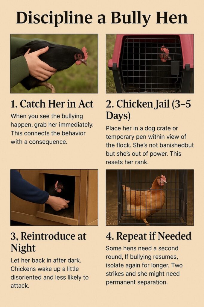 “Four-step infographic showing how to discipline a bully hen, including catching her, isolating in chicken jail, reintroducing at night, and repeating if needed.”