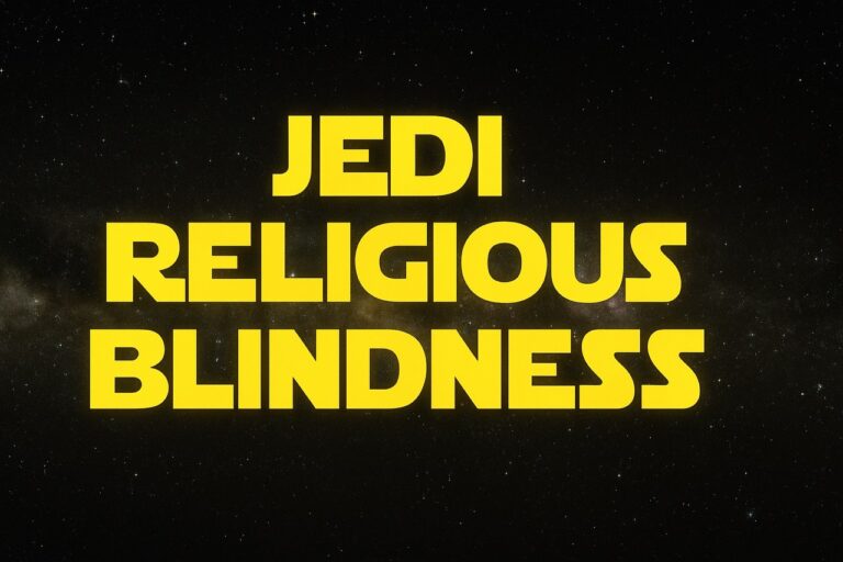 Star Wars-style text reading “Jedi Religious Blindness” over a dark galactic background with subtle temple architecture and a fading Jedi Council silhouette.