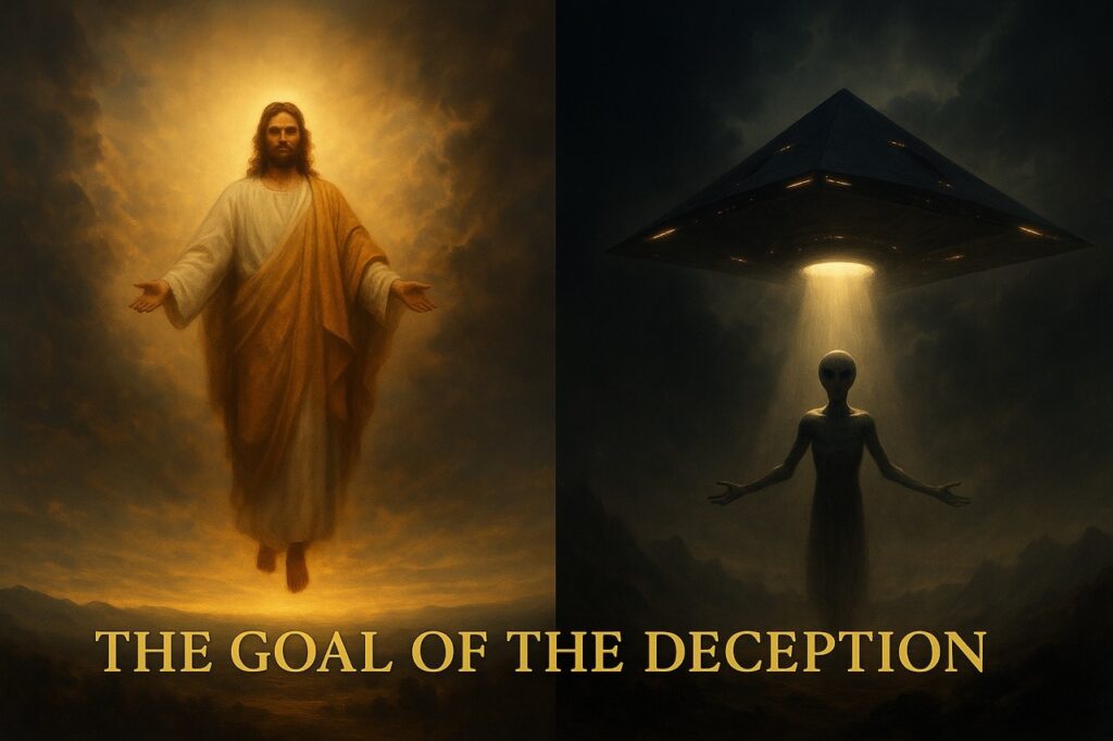 “Split-panel digital painting showing Jesus descending on clouds in radiant glory on one side, contrasted with a glowing alien savior arriving in a craft on the other — illustrating the deceptive goal of the Alien Gospel to replace the return of Christ.”