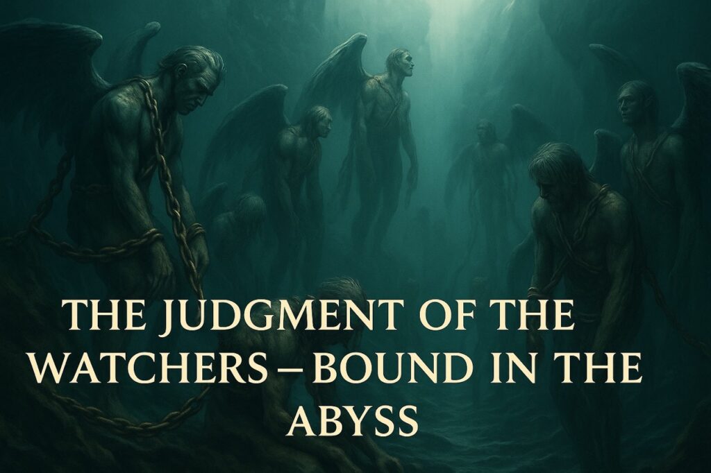 Dark oceanic abyss with fallen angels chained in underwater pits. A cinematic fantasy depiction of the Watchers’ imprisonment from Genesis 6 and 1 Enoch.