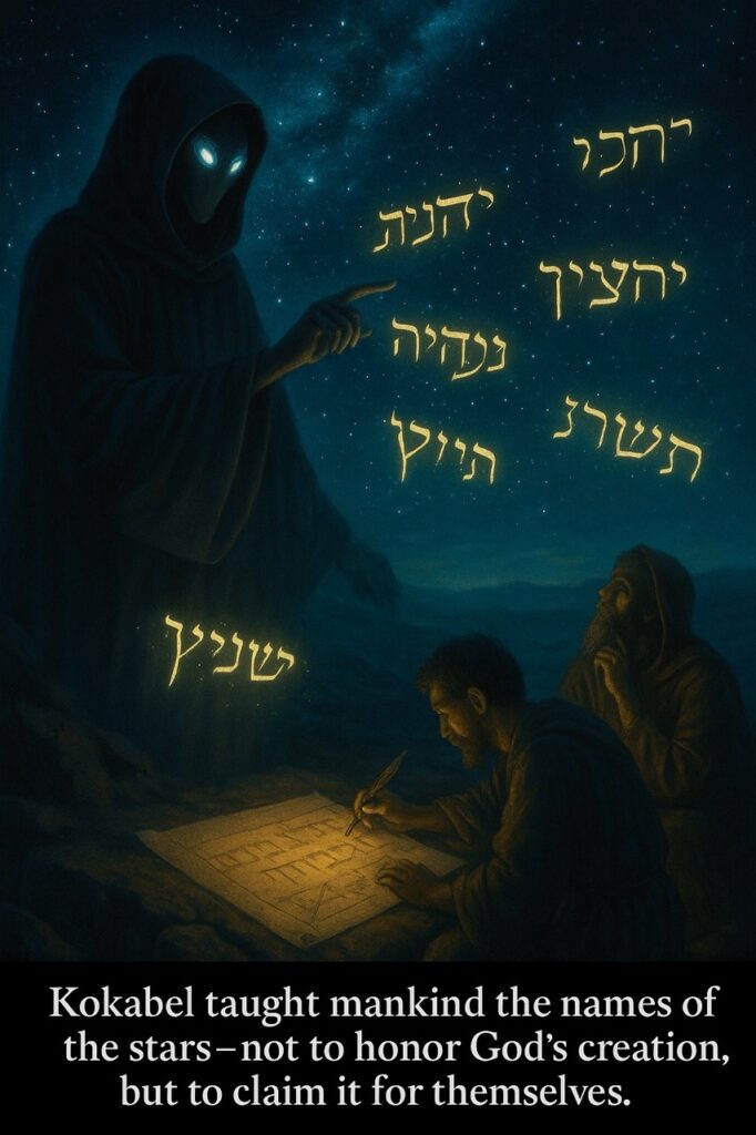 Kokabel teaches mankind to name the stars — a symbolic depiction of dominion over the heavens from 1 Enoch 8:3.