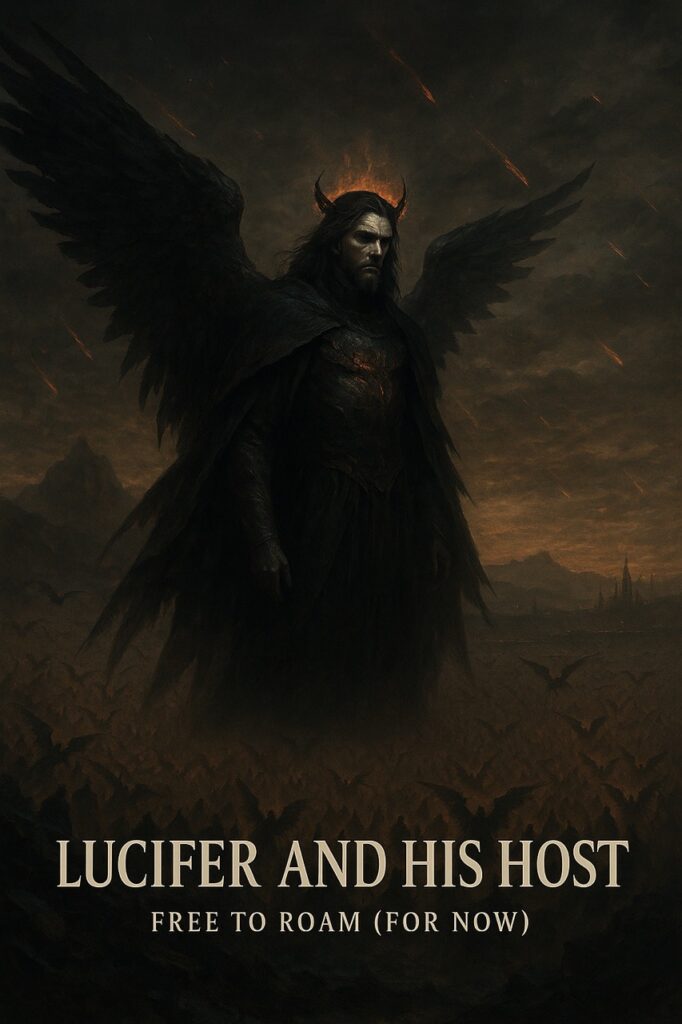 A majestic yet darkened angelic figure stands over a corrupted dominion, with thousands of fallen angels behind him, symbolizing Lucifer and his active spiritual host.