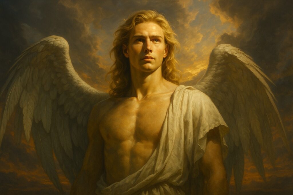  “Realistic depiction of Lucifer as a radiant, golden-haired angel with large wings, standing against a fiery celestial sky before his fall.”