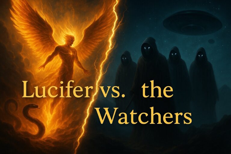 Lucifer falls from heaven as the Watchers descend to earth—two angelic rebellions depicted side by side in a cosmic visual contrast.