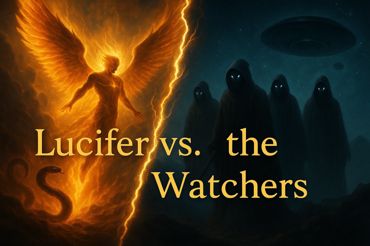 Lucifer falls from heaven as the Watchers descend to earth—two angelic rebellions depicted side by side in a cosmic visual contrast.