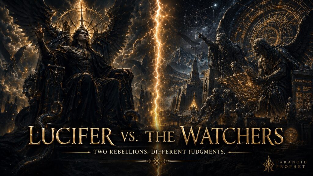 Lucifer sits as a dark ruler while the Watchers reveal forbidden antediluvian knowledge, showing two rebellions with different judgments.