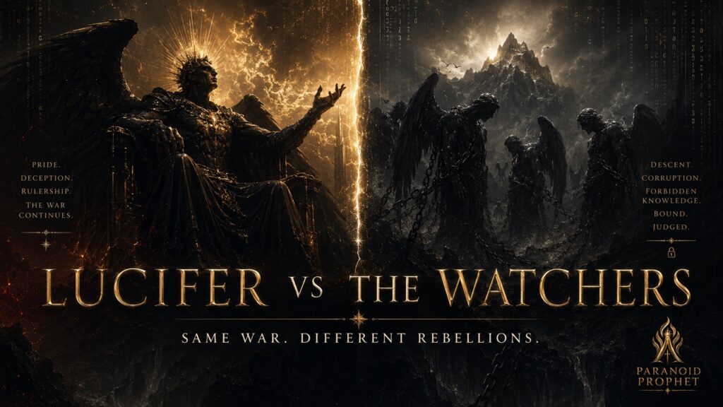 Featured image for Lucifer vs. the Watchers showing Lucifer as a dark ruler on one side and chained Watchers on the other, contrasting pride, deception, descent, forbidden knowledge, and judgment.
