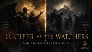 Featured image for Lucifer vs. the Watchers showing Lucifer as a dark ruler on one side and chained Watchers on the other, contrasting pride, deception, descent, forbidden knowledge, and judgment.