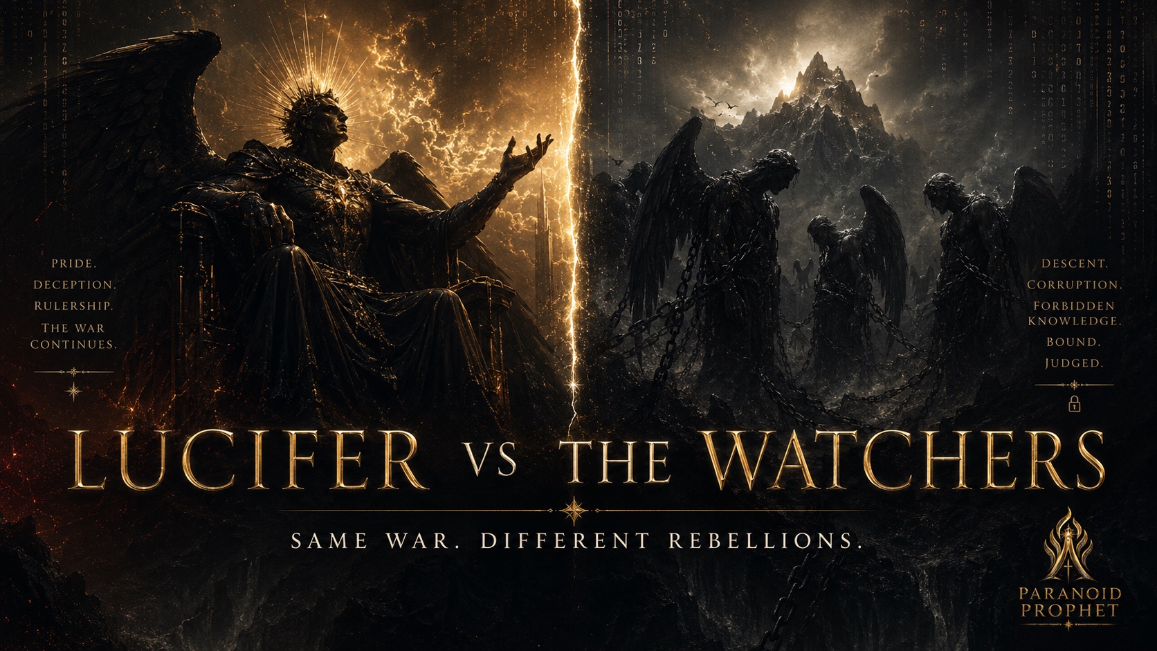 Featured image for Lucifer vs. the Watchers showing Lucifer as a dark ruler on one side and chained Watchers on the other, contrasting pride, deception, descent, forbidden knowledge, and judgment.