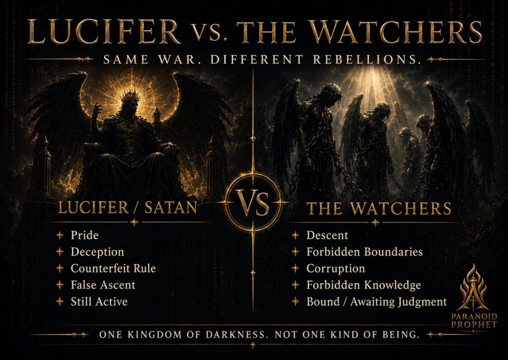 Lucifer versus the Watchers overview comparing Satan's false light, accusation, deception, and counterfeit rule with the Watchers' forbidden descent, boundary crossing, corruption, and judgment