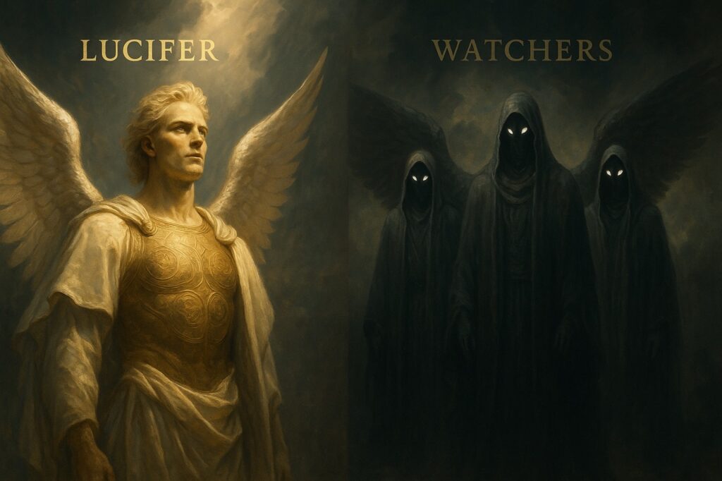  “Lucifer as radiant cherub in golden armor beside shadowy robed Watchers with glowing eyes, symbolizing their distinct roles in biblical rebellion.”