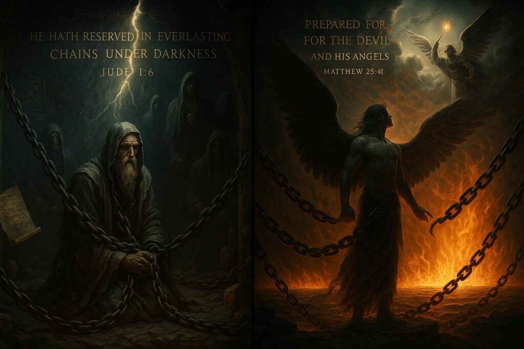  “Diptych showing Watchers bound in darkness with chains and Lucifer before a lake of fire, illustrating their differing final judgments.”