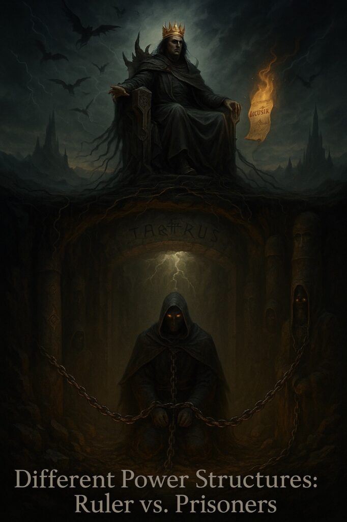  “Split image showing Lucifer on a dark throne above and chained Watchers imprisoned below in Tartarus, symbolizing contrasting power structures.”