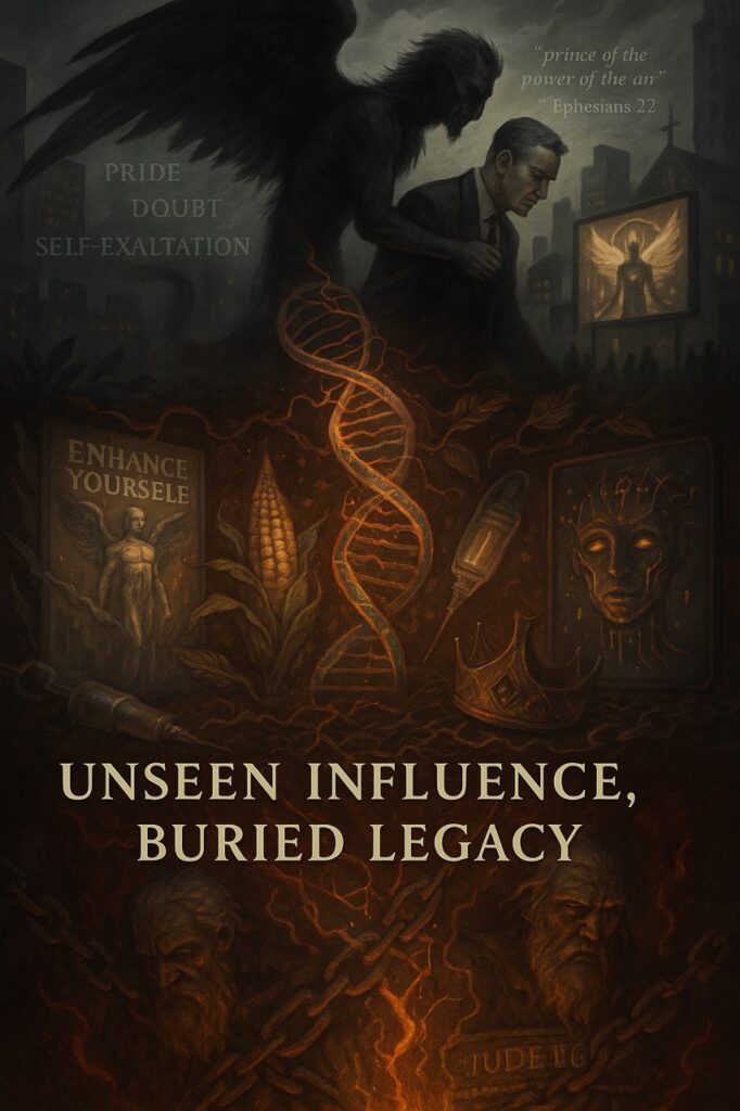  “Tripartite image showing Lucifer whispering to a man, technological corruption rising through society, and chained Watchers radiating ancient influence from beneath.”