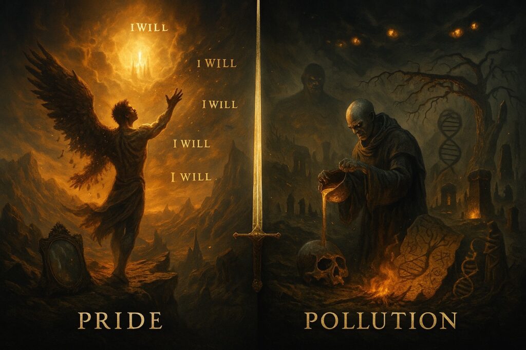  “Symbolic diptych showing Lucifer’s prideful ascent on one side and the Watchers’ corrupting descent on the other, divided by a divine sword of judgment.”