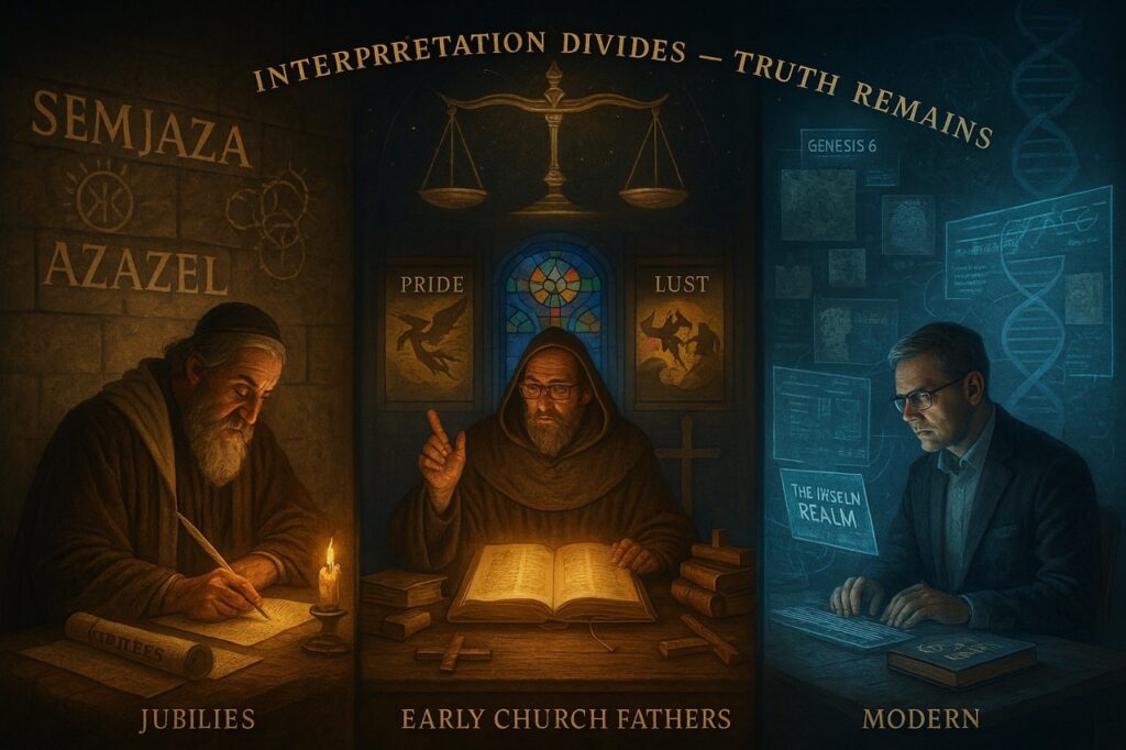  “Triptych of a Jewish scholar, early church father, and modern theologian interpreting fallen angel doctrines from Jubilees, church writings, and digital archives.”