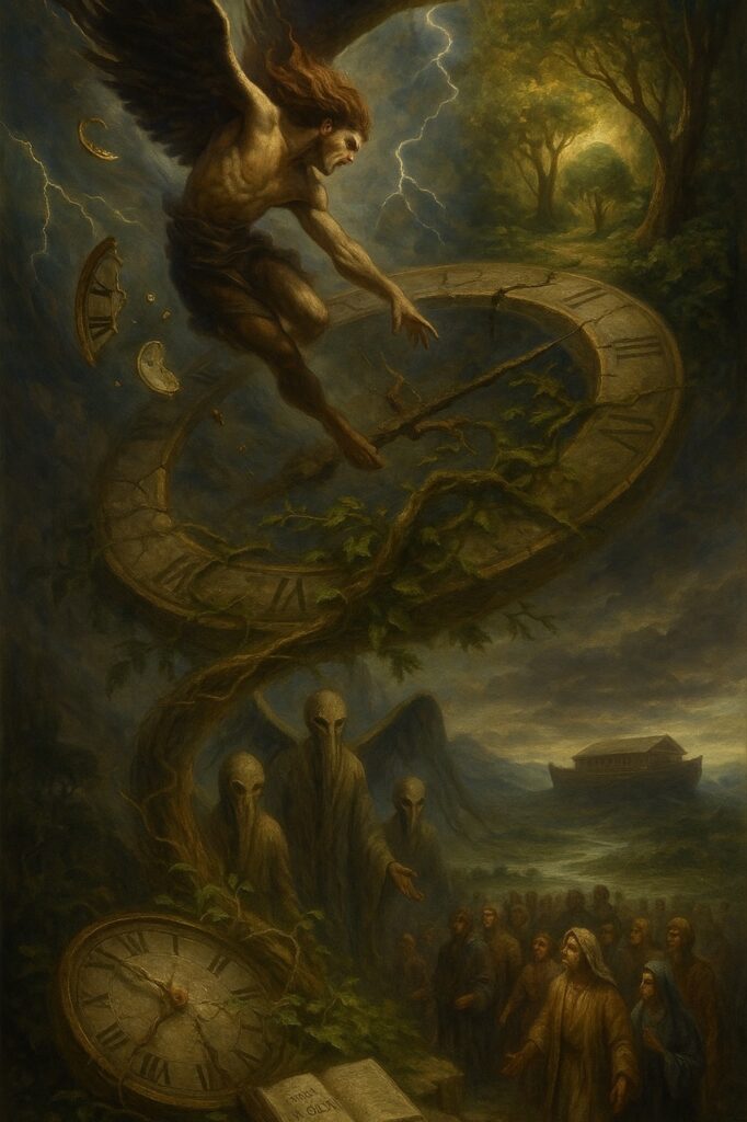  “Vertical oil painting depicting Lucifer’s fall before Eden above and the Watchers’ descent before the Flood below, joined by a cracked spiral sundial and open Book of Enoch.”