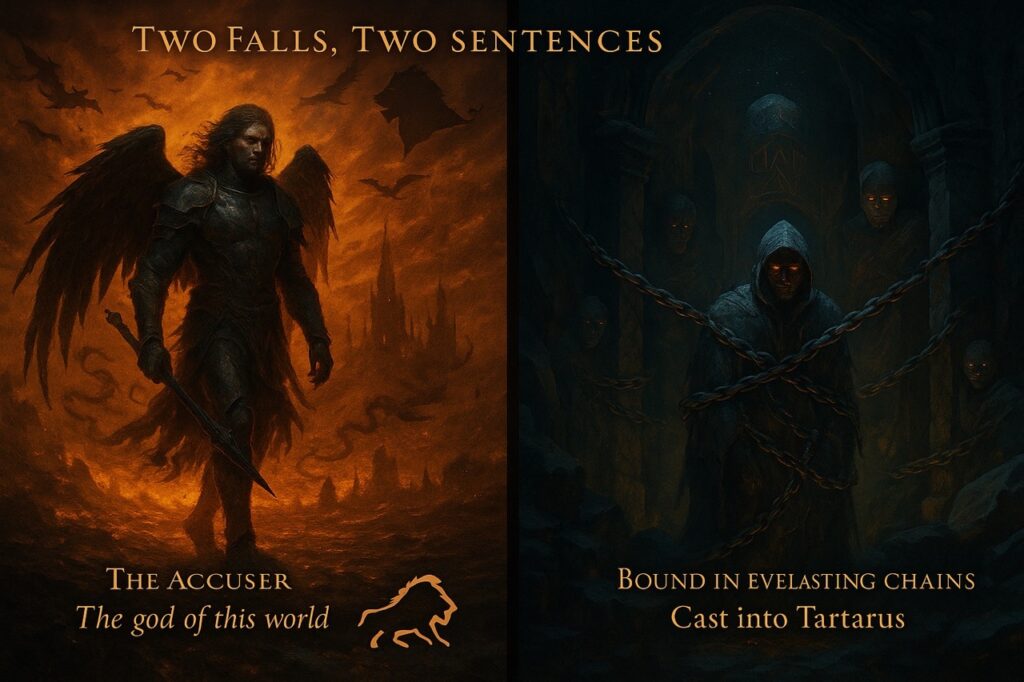  “Diptych showing Lucifer walking free in a fiery realm and Watchers chained in Tartarus, illustrating their contrasting judgments after rebellion.”