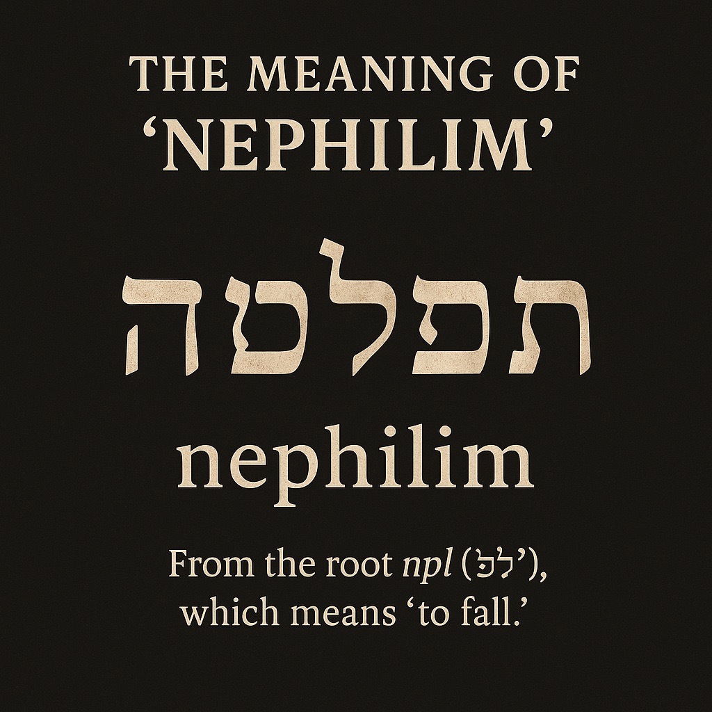 Digital graphic showing the Hebrew word Nephilim (נְפִילִים) and its root נָפַל (npl), meaning “to fall,” with an educational layout explaining the etymology.