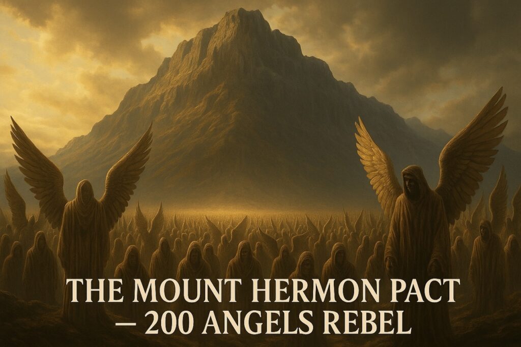 Epic digital painting showing the Watchers fallen angels descending onto Mount Hermon. A stormy sky looms as 200 divine beings prepare to make a sacred, rebellious pact.