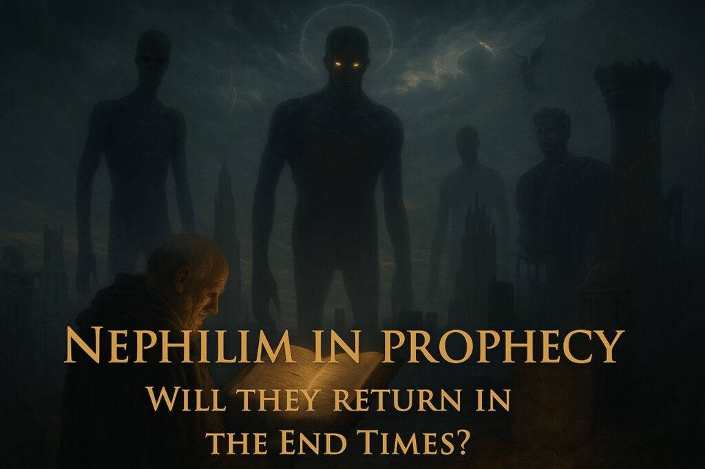 Prophetic painting of an elder holding a glowing scroll as giant Nephilim-like shadows loom over a modern city. Symbolizes their return in end-time prophecy.