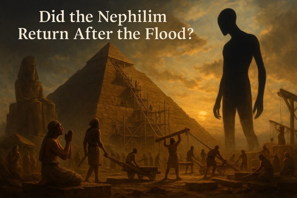 Silhouetted Nephilim figure oversees pyramid construction while ancient humans worship; a 12-foot tall alien-like being stands at the center.